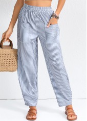 Dusty Blue Patchwork Striped Elastic Waist High Waisted Pants