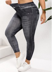Black Plus Size Denim-effect Print Skinny Elastic Waist Leggings