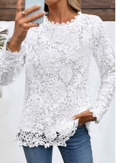 White Embroidery Long Sleeve Round Neck T Shirt