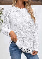 White Embroidery Long Sleeve Round Neck T Shirt | thumb picture 