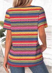 Multi Color Button Tribal Print Short Sleeve T Shirt