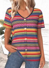 Multi Color Button Tribal Print Short Sleeve T Shirt