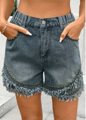 Denim Blue Straight Leg Button Fly High Waisted Shorts