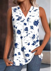 White Breathable Floral Print Sleeveless V Neck Tank Top