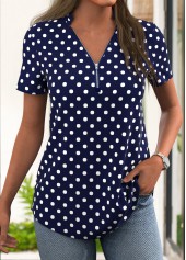 Navy Zipper Polka Dot Short Sleeve T Shirt