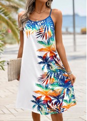 White Tropical Plants Print A Line Strappy Dress