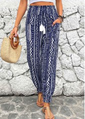 Navy Smocked Geometric Print Jogger Elastic Waist Pants | thumb picture 