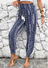 Navy Smocked Geometric Print Jogger Elastic Waist Pants | thumb picture 