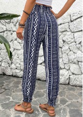 Navy Smocked Geometric Print Jogger Elastic Waist Pants | thumb picture 