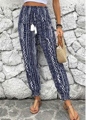 Navy Smocked Geometric Print Jogger Elastic Waist Pants