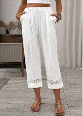 White Lace Straight Leg Elastic Waist High Waisted Pants