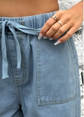 Denim Blue Straight Leg Elastic Waist High Waisted Shorts | thumb picture 