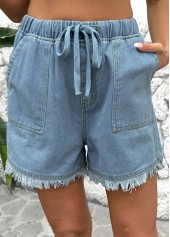 Denim Blue Straight Leg Elastic Waist High Waisted Shorts
