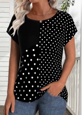 Black Patchwork Polka Dot Short Sleeve T Shirt