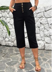 Black Button Detail High Waisted Pants