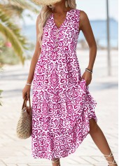 Hot Pink Tribal Print Maxi Sleeveless Split Neck Dress | thumb picture 