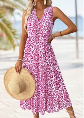 Hot Pink Tribal Print Maxi Sleeveless Split Neck Dress