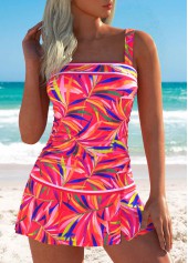 Ruched Mid Waisted Leaf Print Hot Pink Tankini Set