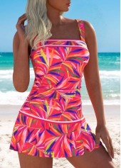Ruched Mid Waisted Leaf Print Hot Pink Tankini Set | thumb picture 