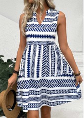 Blue Tribal Print Sleeveless Split Neck Dress | thumb picture 