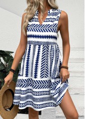 Blue Tribal Print Sleeveless Split Neck Dress