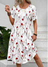 White Tuck Stitch Floral Print A Line Dress