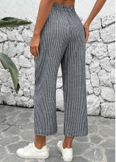 Black Striped Straight Leg Elastic Waist Mid Waisted Pants
