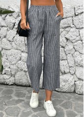 Black Striped Straight Leg Elastic Waist Mid Waisted Pants