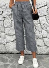 Black Striped Straight Leg Elastic Waist Mid Waisted Pants