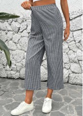 Black Striped Straight Leg Elastic Waist Mid Waisted Pants