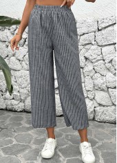 Black Striped Straight Leg Elastic Waist Mid Waisted Pants