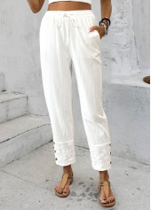 White Straight Leg Drawastring Mid Waisted Pants