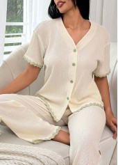 Beige Short Sleeve V Neck Lounge Top and Pants | thumb picture 