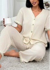 Beige Short Sleeve V Neck Lounge Top and Pants | thumb picture 