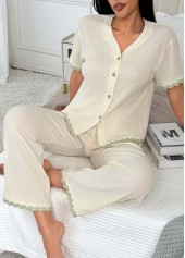 Beige Short Sleeve V Neck Lounge Top and Pants | thumb picture 