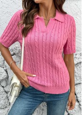 Hot Pink Short Sleeve Turn Down Collar Blouse | thumb picture 