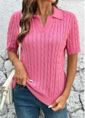 Hot Pink Short Sleeve Turn Down Collar Blouse