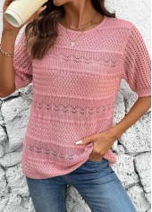 Pink Round Neck Short Sleeve Crochet Ladies Top | thumb picture 