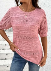 Pink Round Neck Short Sleeve Crochet Ladies Top | thumb picture 