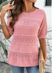Pink Round Neck Short Sleeve Crochet Ladies Top | thumb picture 