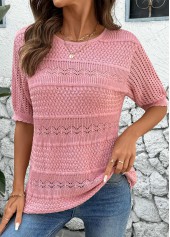 Pink Round Neck Short Sleeve Crochet Ladies Top