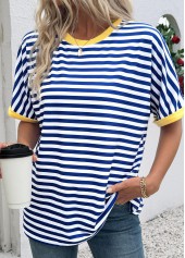 Blue Striped Short Sleeve Round Neck T Shirt
