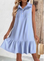 Light Blue Button Striped Short A Line Sleeveless Dress