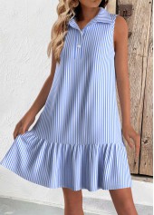 Light Blue Button Striped Short A Line Sleeveless Dress | thumb picture 