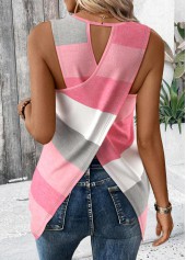 Pink Criss Cross Striped Sleeveless Round Neck Tank Top