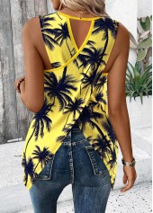 Neon Yellow Tropical Plants Print Sleeveless Tank Top