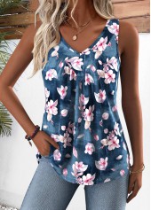 Denim Blue Random Floral Print Sleeveless Tank Top