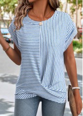 Light Blue Cross Hem Striped Short Sleeve T Shirt