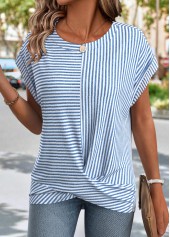 Light Blue Cross Hem Striped Short Sleeve T Shirt | thumb picture 