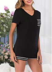 Black Striped Short Sleeve Lounge Top and Shorts | thumb picture 